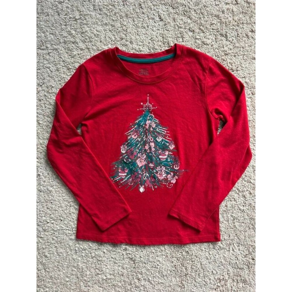 Falls Creek Girls Red Christmas Tree Shirt Medium 7/8 Long Sleeve Holiday Top